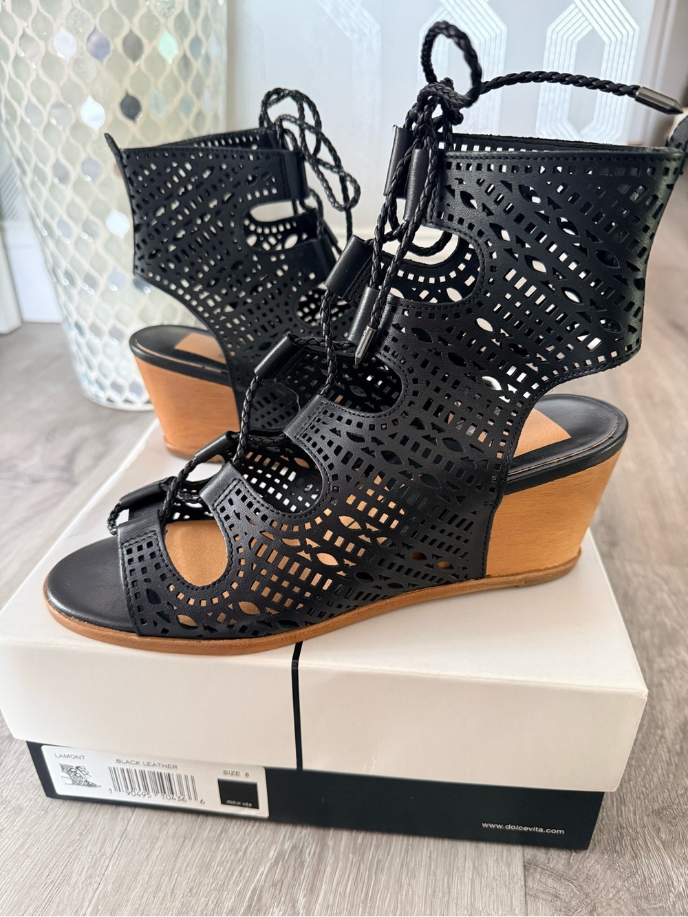 Dolce Vita Lamont Laser-Cut Lace-Up Wedge Sandals - Black size 8